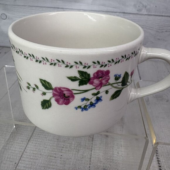 Farberware ENGLISH GARDEN Pink Blue Floral Rim Stoneware 8 oz Flat Cups Set of 4 - Picture 12 of 16